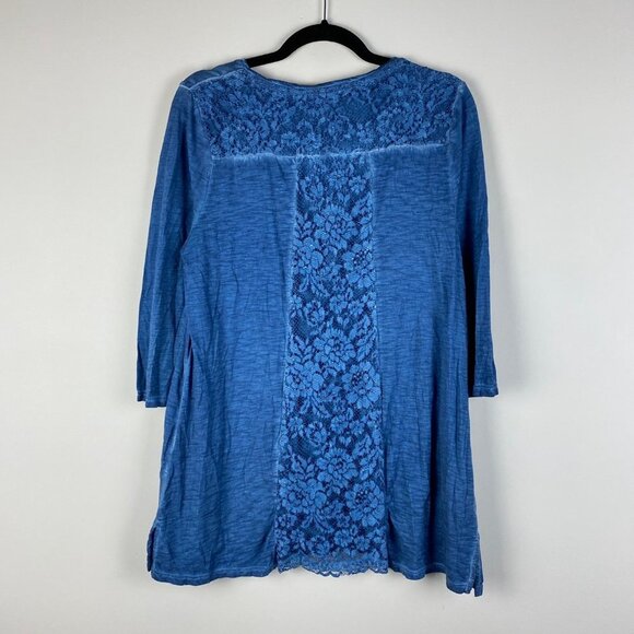 Chicos Burnout Lace Tunic Shirt 2 US Large Blue 3/4 Sleeves Floral - Picture 6 of 9